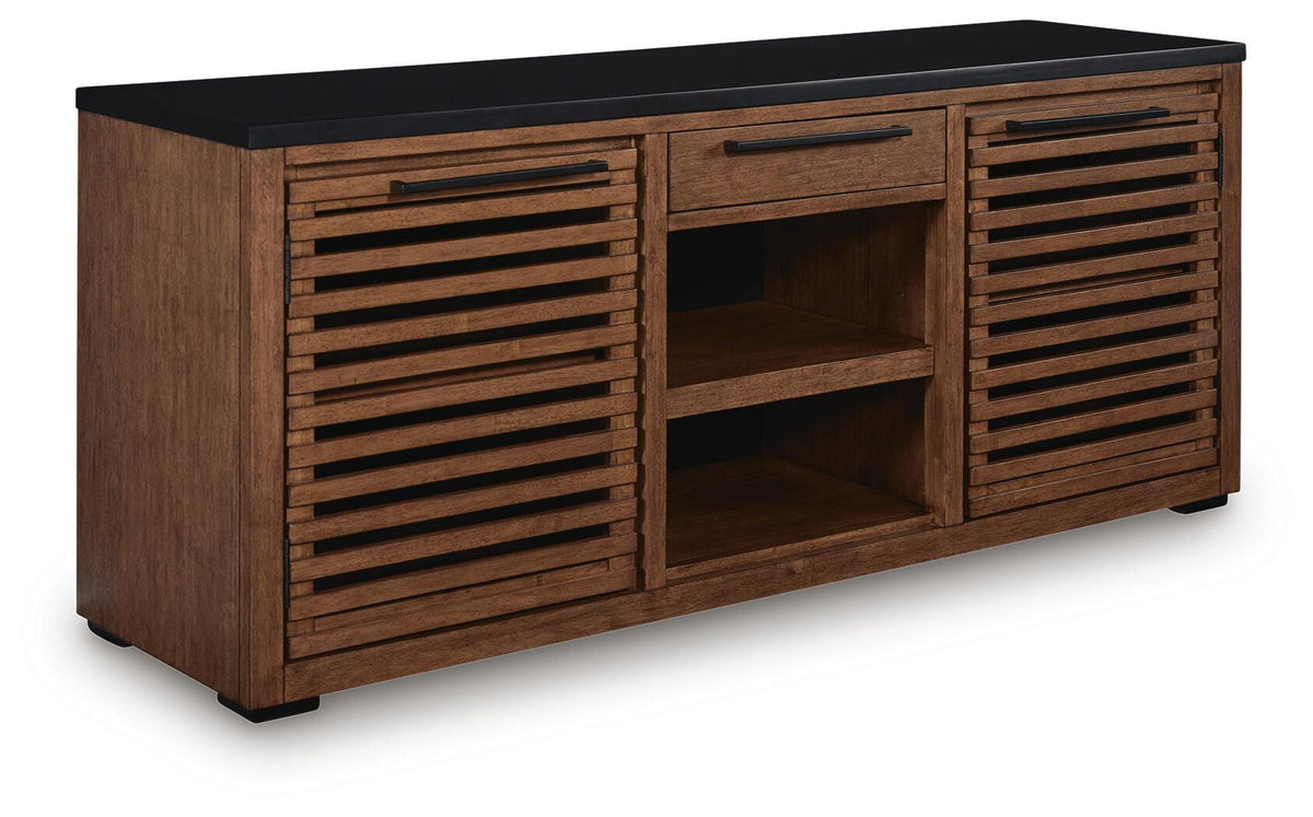 Kallari Credenza in Warm Brown/Black, closed view