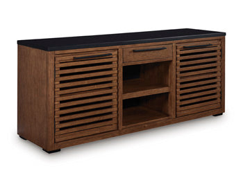 Kallari Credenza in Warm Brown/Black, closed view