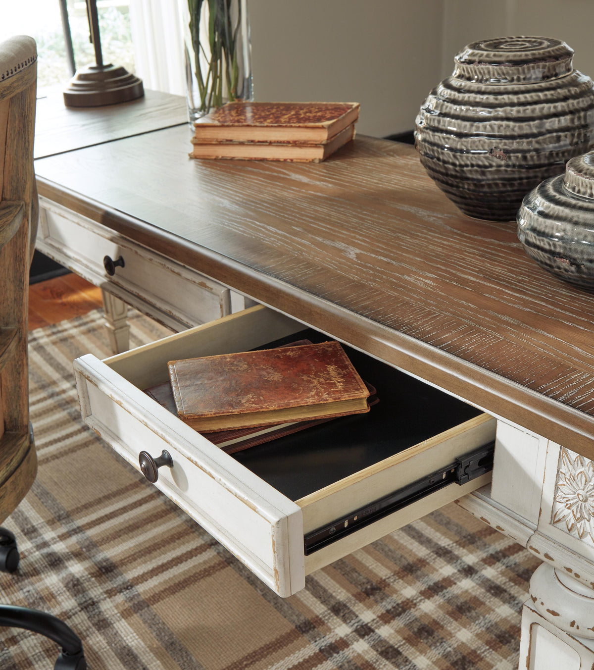 Realyn Home Office Lift Top Desk in White/Brown, detail view