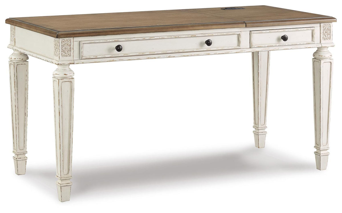 Realyn Home Office Lift Top Desk in White/Brown, angle view