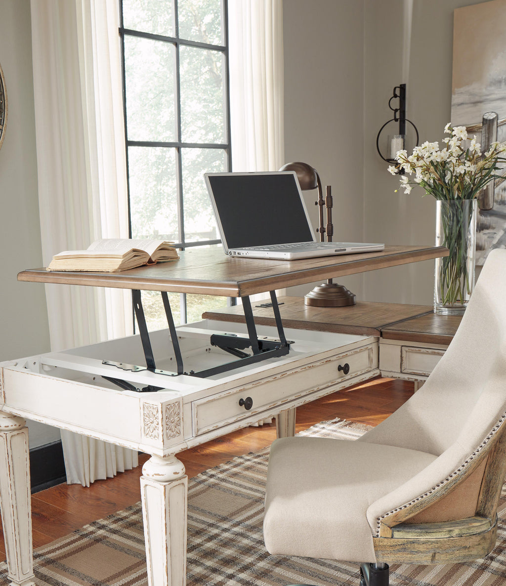 Realyn Home Office Lift Top Desk in White/Brown, detail view