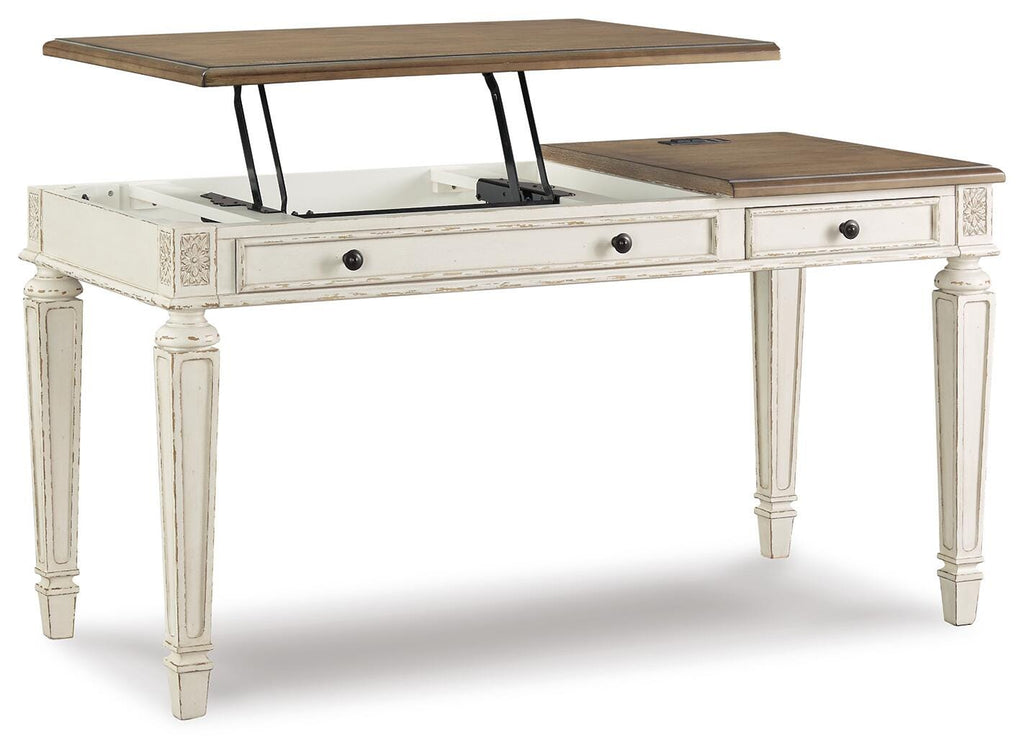 Realyn Home Office Lift Top Desk in White/Brown, angle view