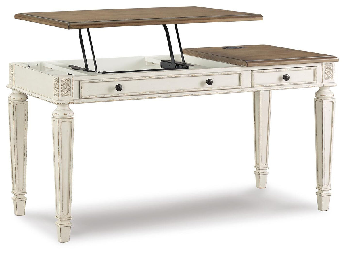 Realyn Home Office Lift Top Desk in White/Brown, angle view