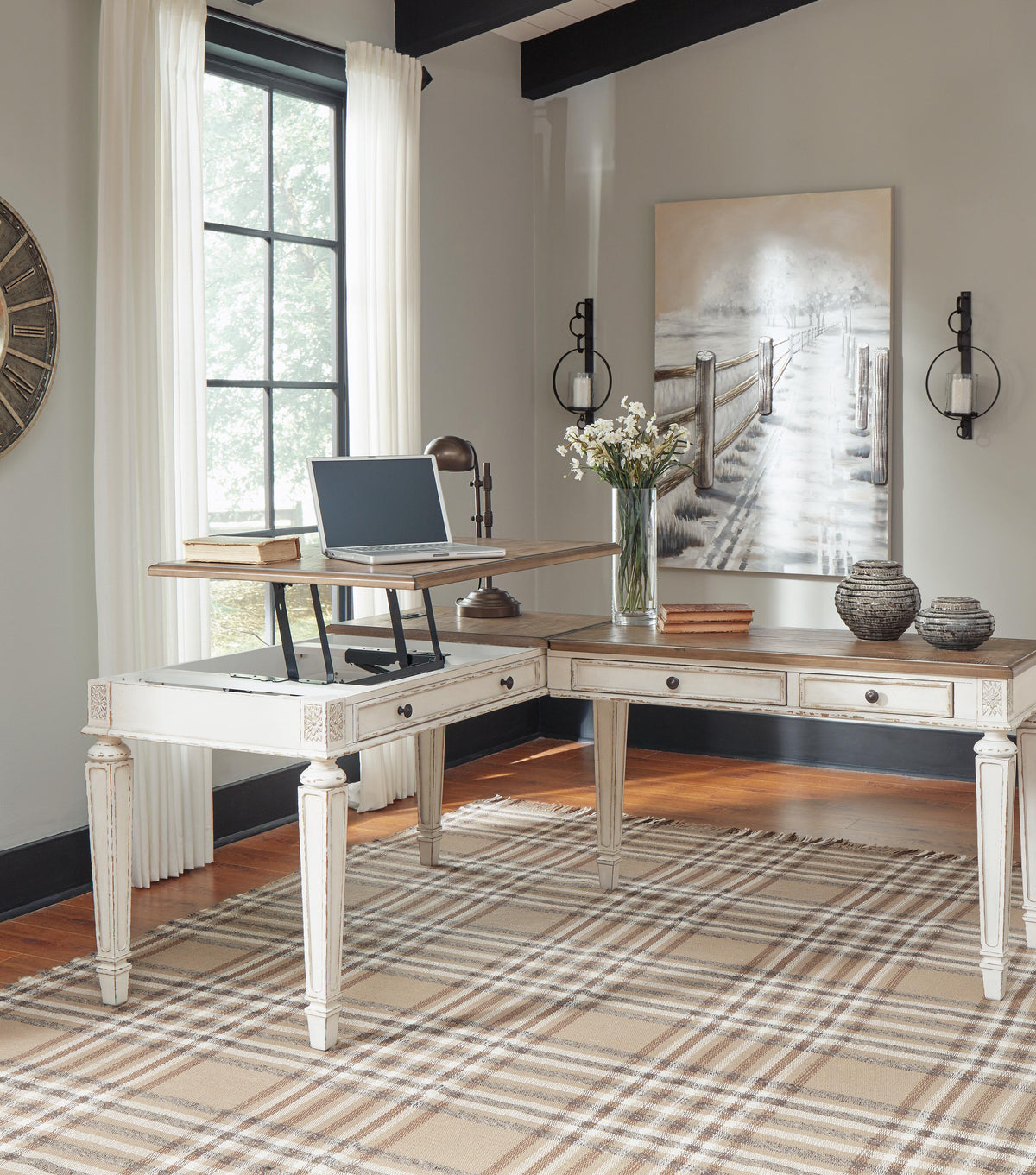 Realyn Home Office Lift Top Desk in White/Brown, lifestyle view