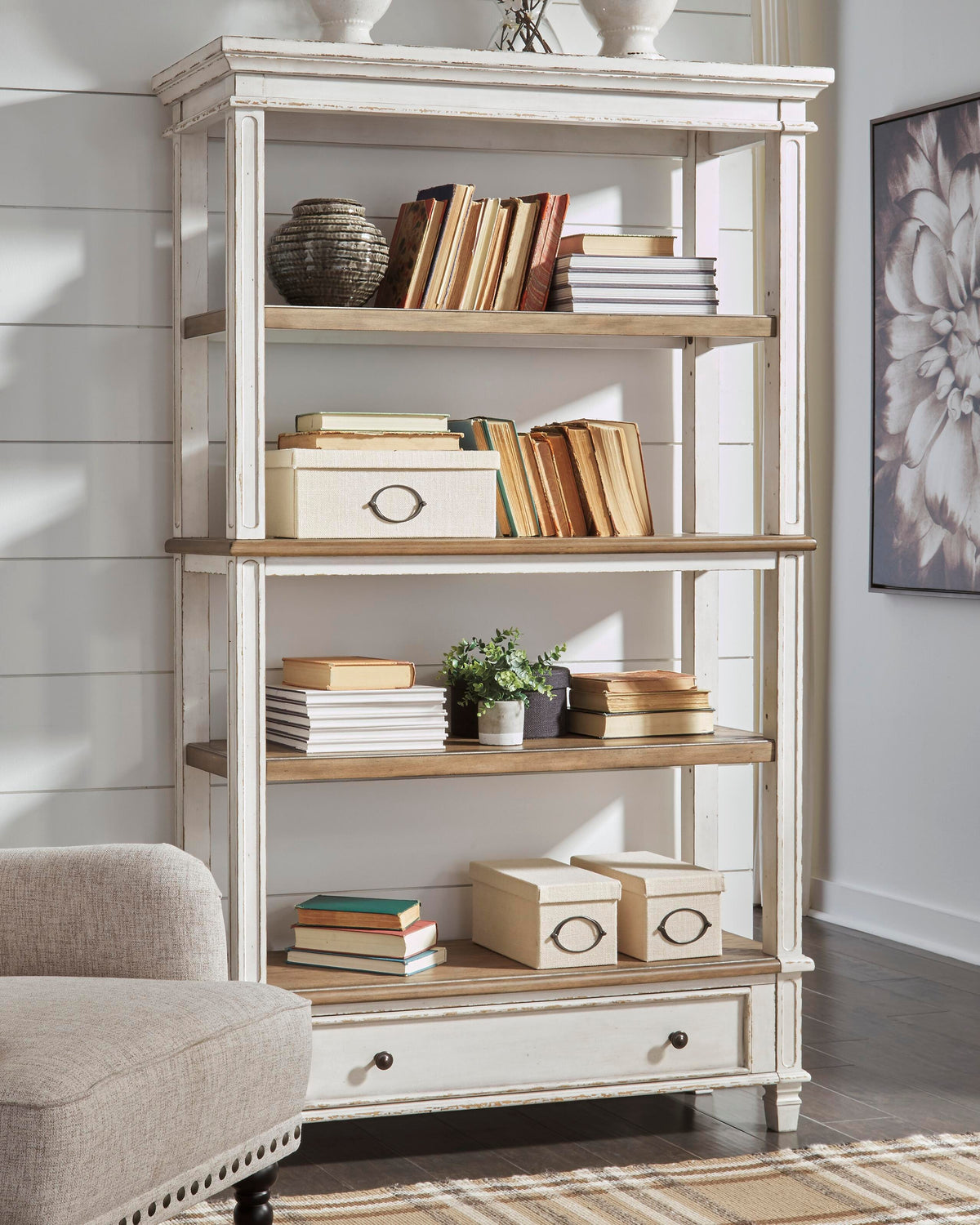 Realyn 75" Bookcase in Brown/White, lifestyle view