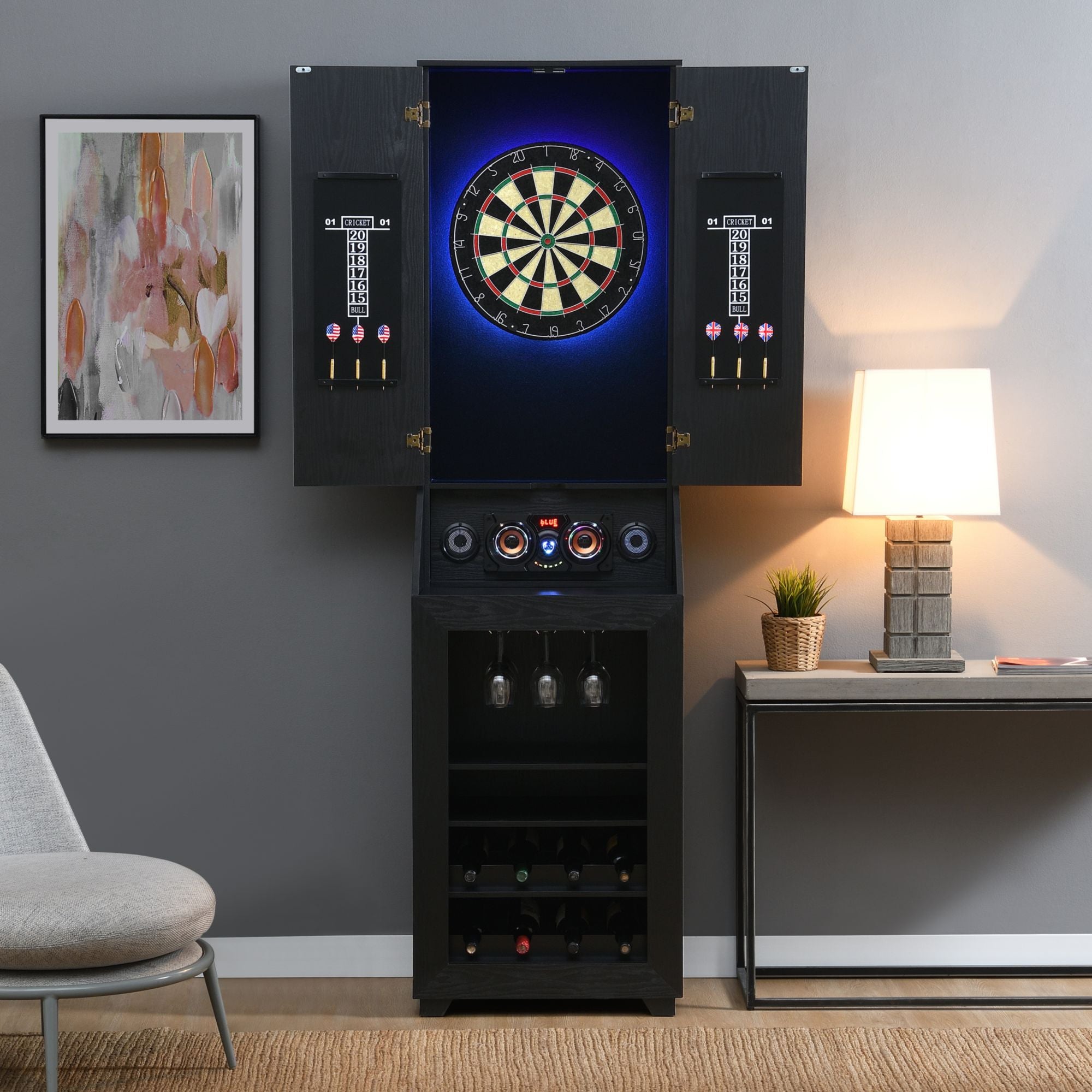 Hurricanes Dartboard Cabinet With Speaker And Led In Black (3A Packing)