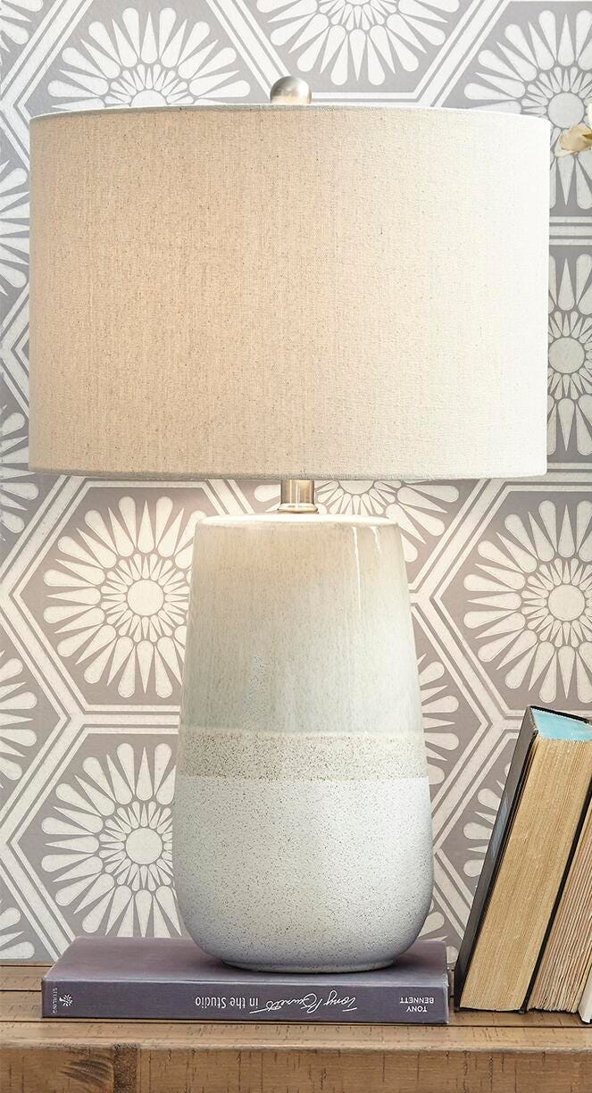 Shavon Table Lamp in Beige/White, lifestyle view