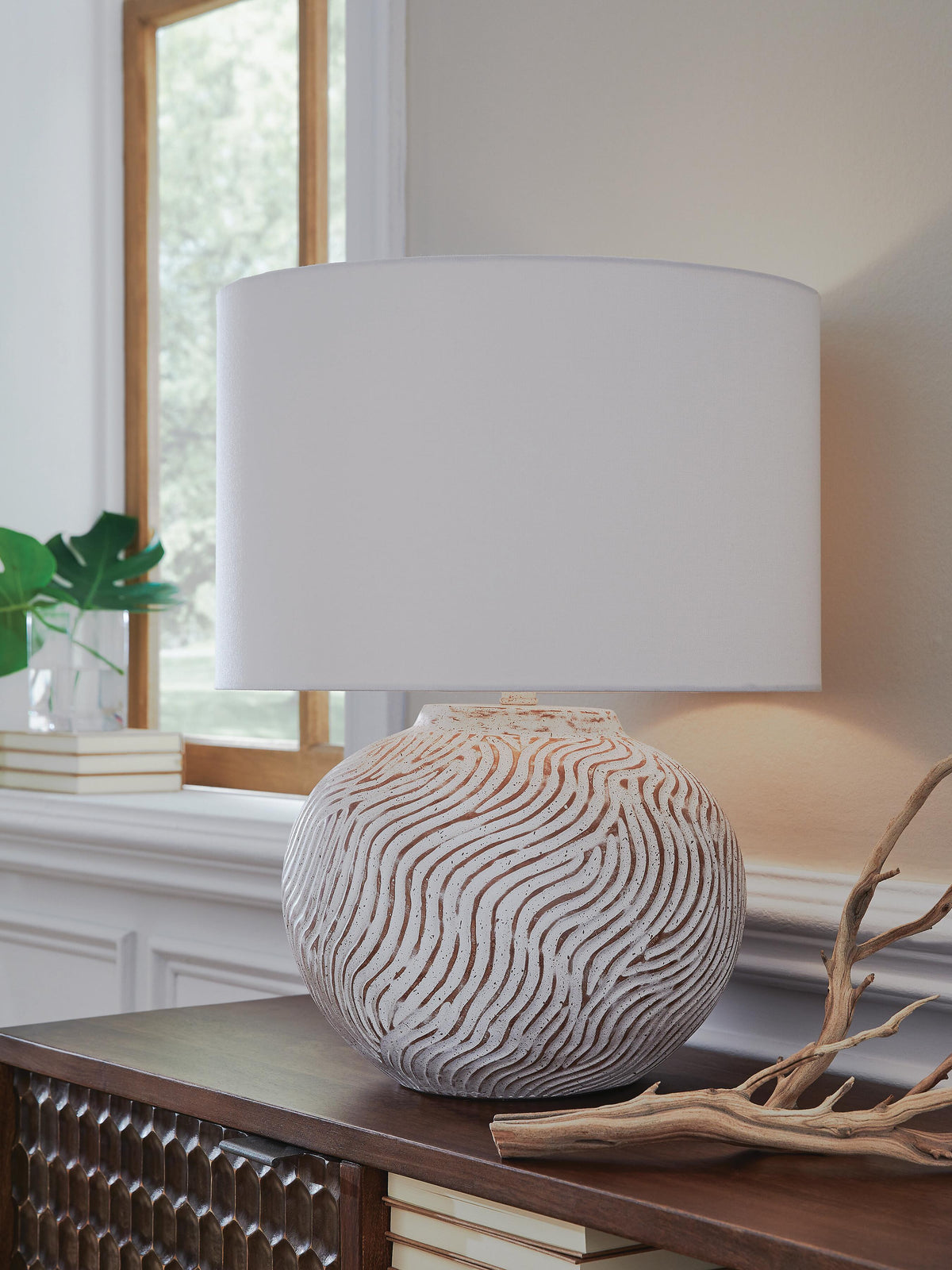 Vien Table Lamp in Distressed White, lifestyle view