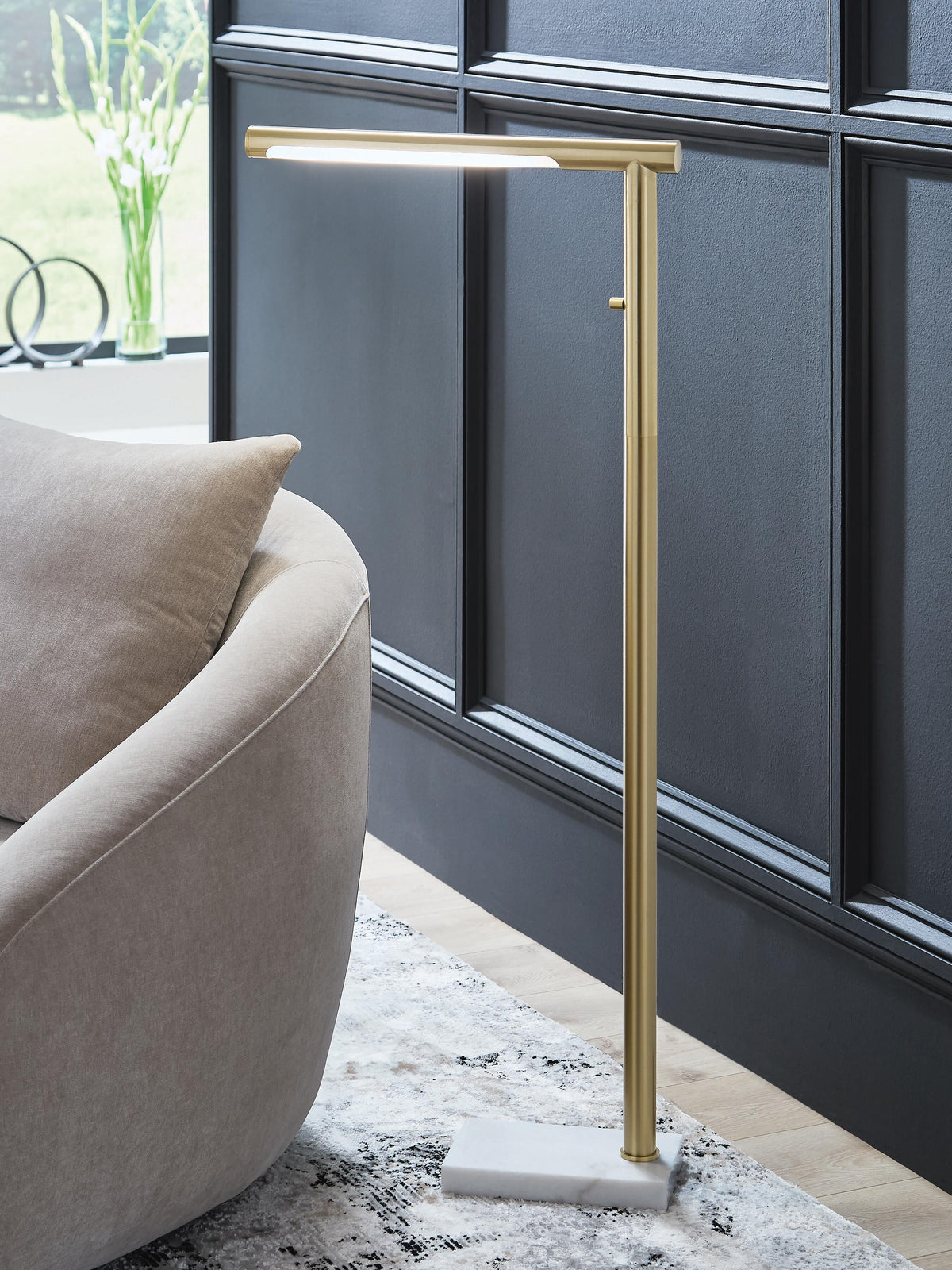 Santiford Floor Lamp in Gold Finish/White, lifestyle view
