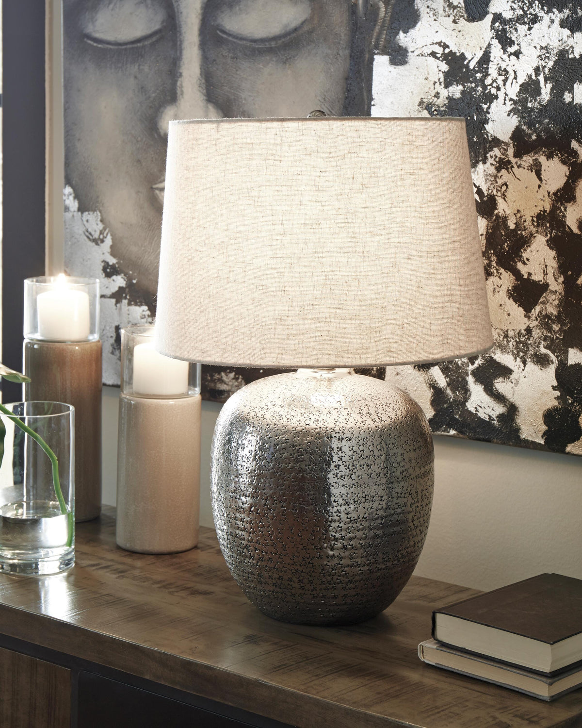 Magalie Table Lamp in Antique Silver Finish, lifestyle view