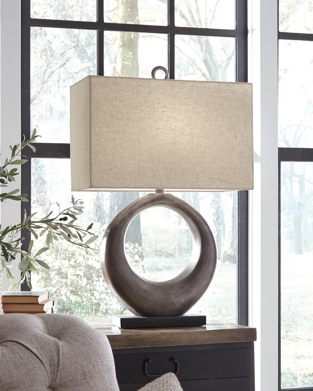 Saria Table Lamp in Antique Silver Finish, lifestyle view