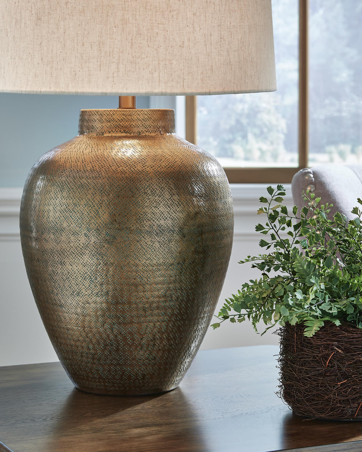 Madney Table Lamp in Antique Gold Finish, detail view