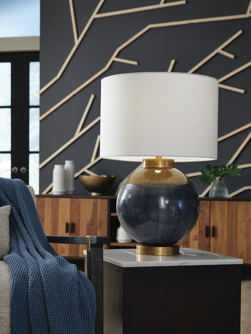 Adara Table Lamp in Blue/Gold Finish, lifestyle view
