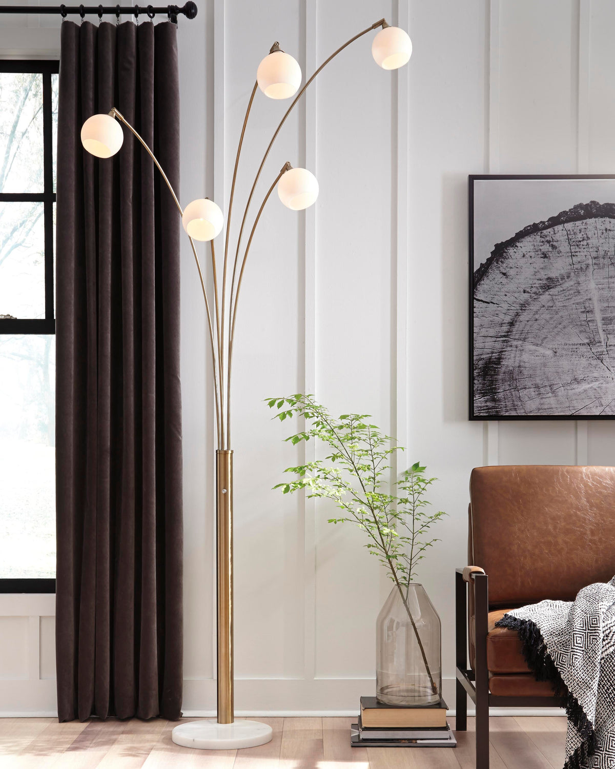 Taliya Arc Lamp in Champagne/White, lifestyle view