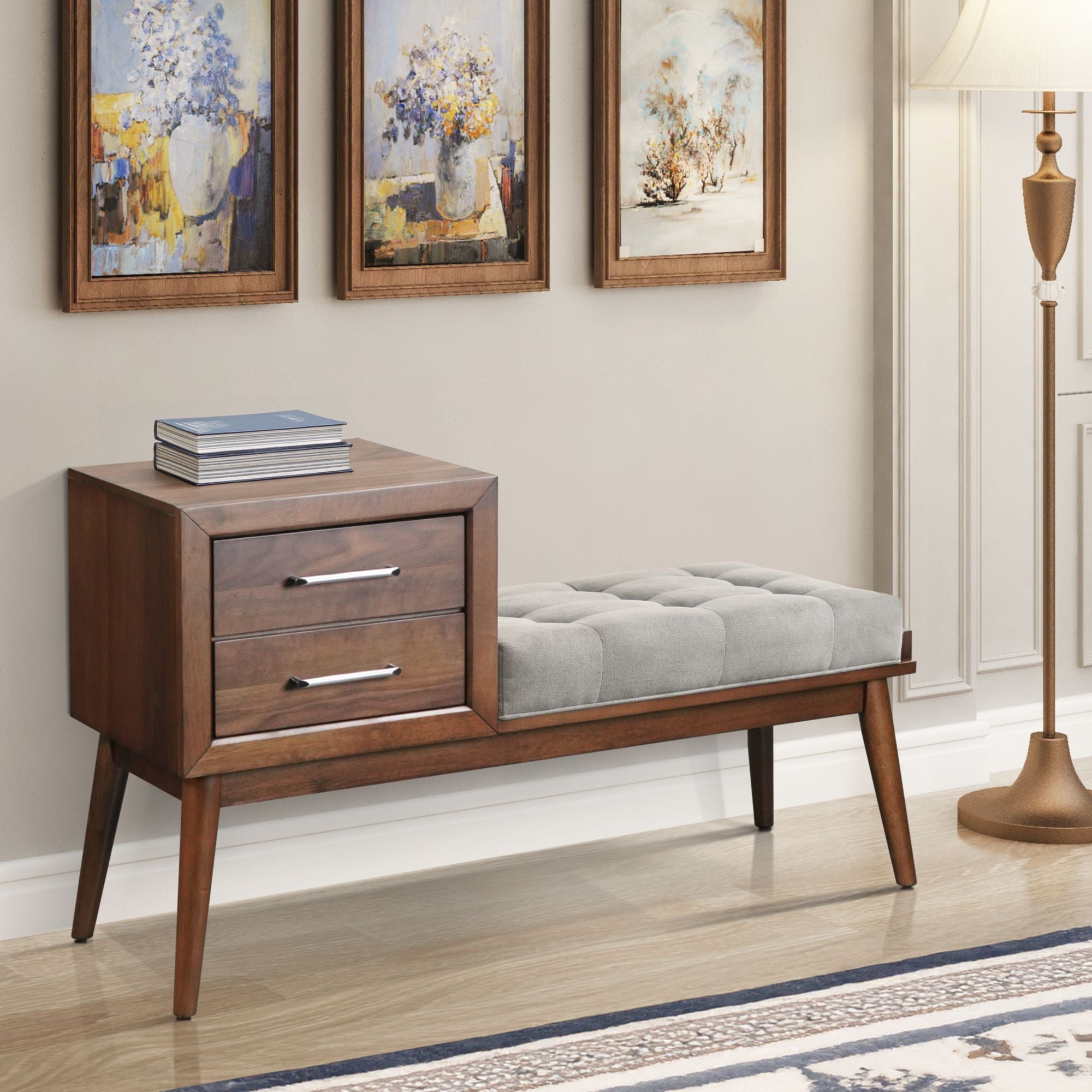 Malibu Bench With Grey Fabric In Walnut
