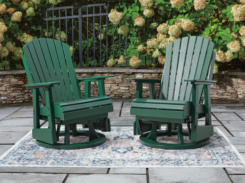 Shell Beach Outdoor Swivel Glider Chair in Green, lifestyle view