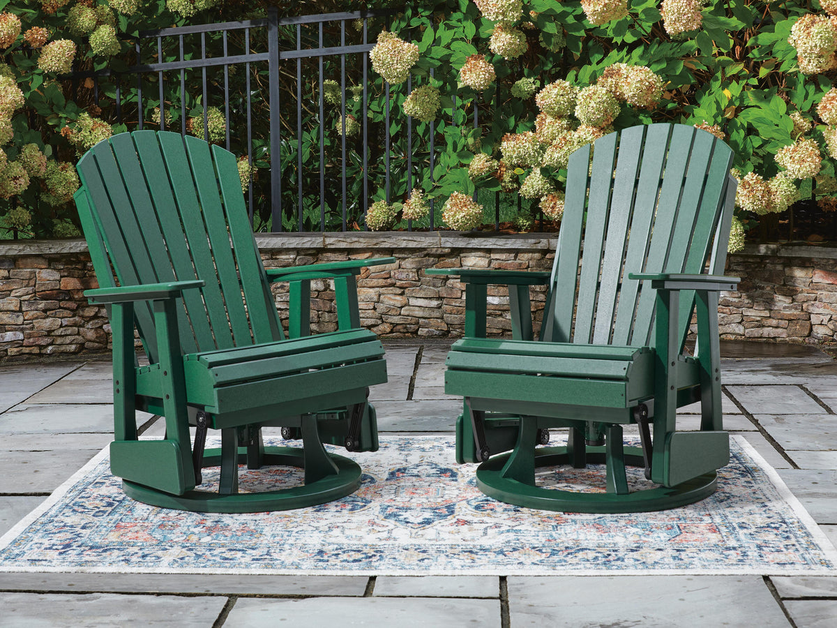 Shell Beach Outdoor Swivel Glider Chair in Green, lifestyle view