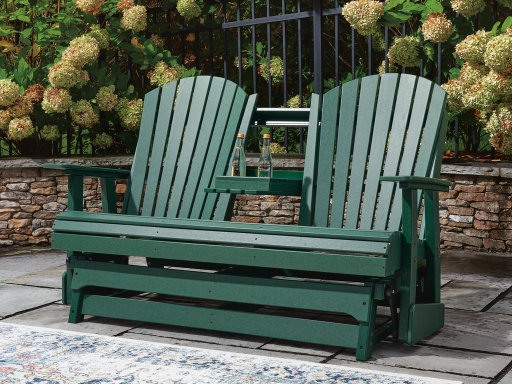 Shell Beach Outdoor Loveseat Glider in Green, lifestyle view