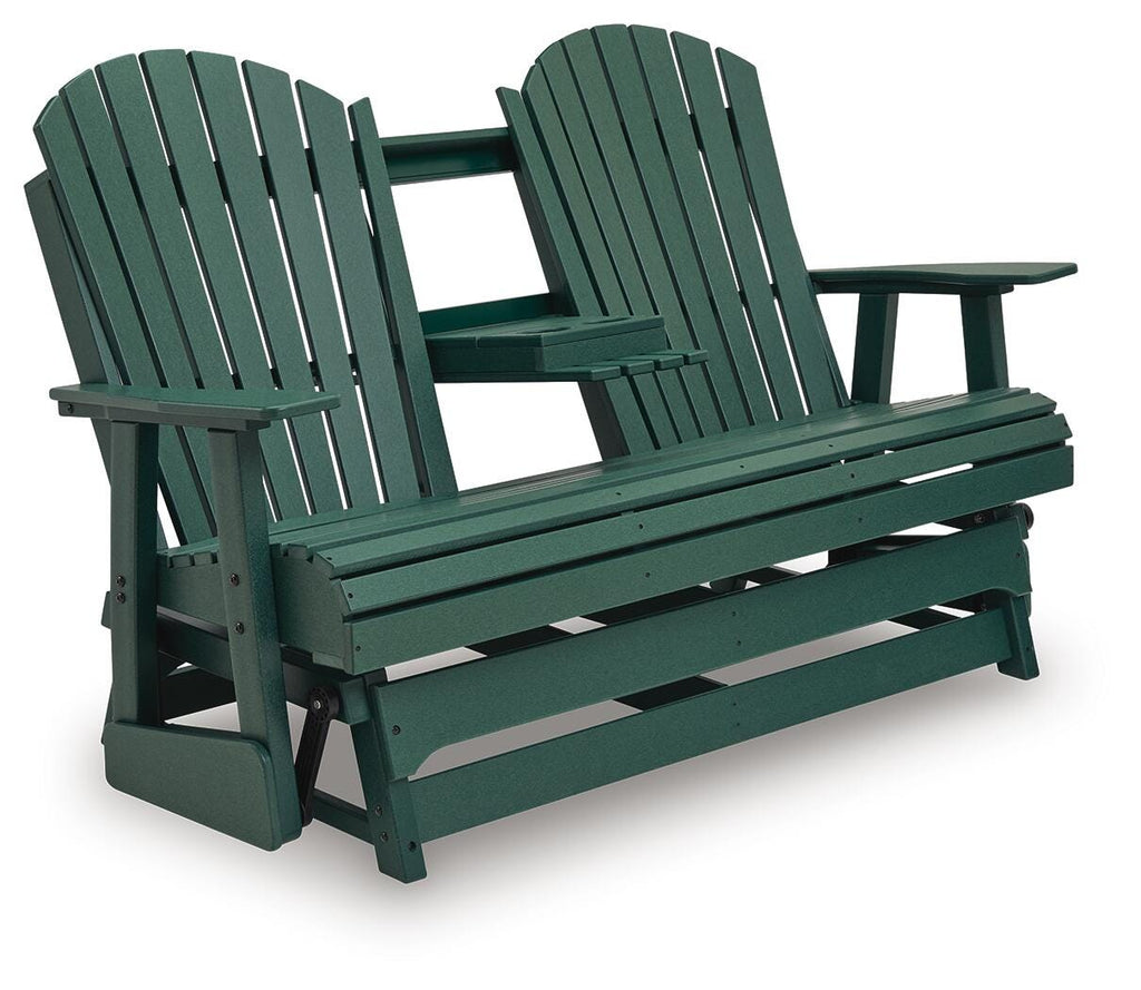 Shell Beach Outdoor Loveseat Glider in Green, angle view