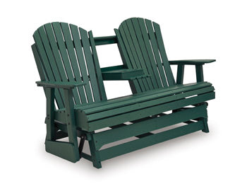 Shell Beach Outdoor Loveseat Glider in Green, angle view