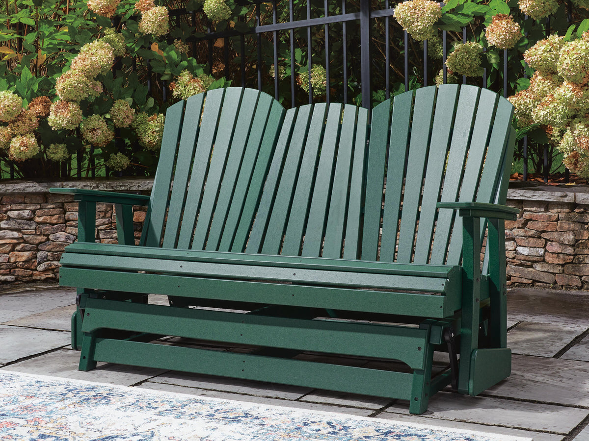 Shell Beach Outdoor Loveseat Glider in Green, lifestyle view
