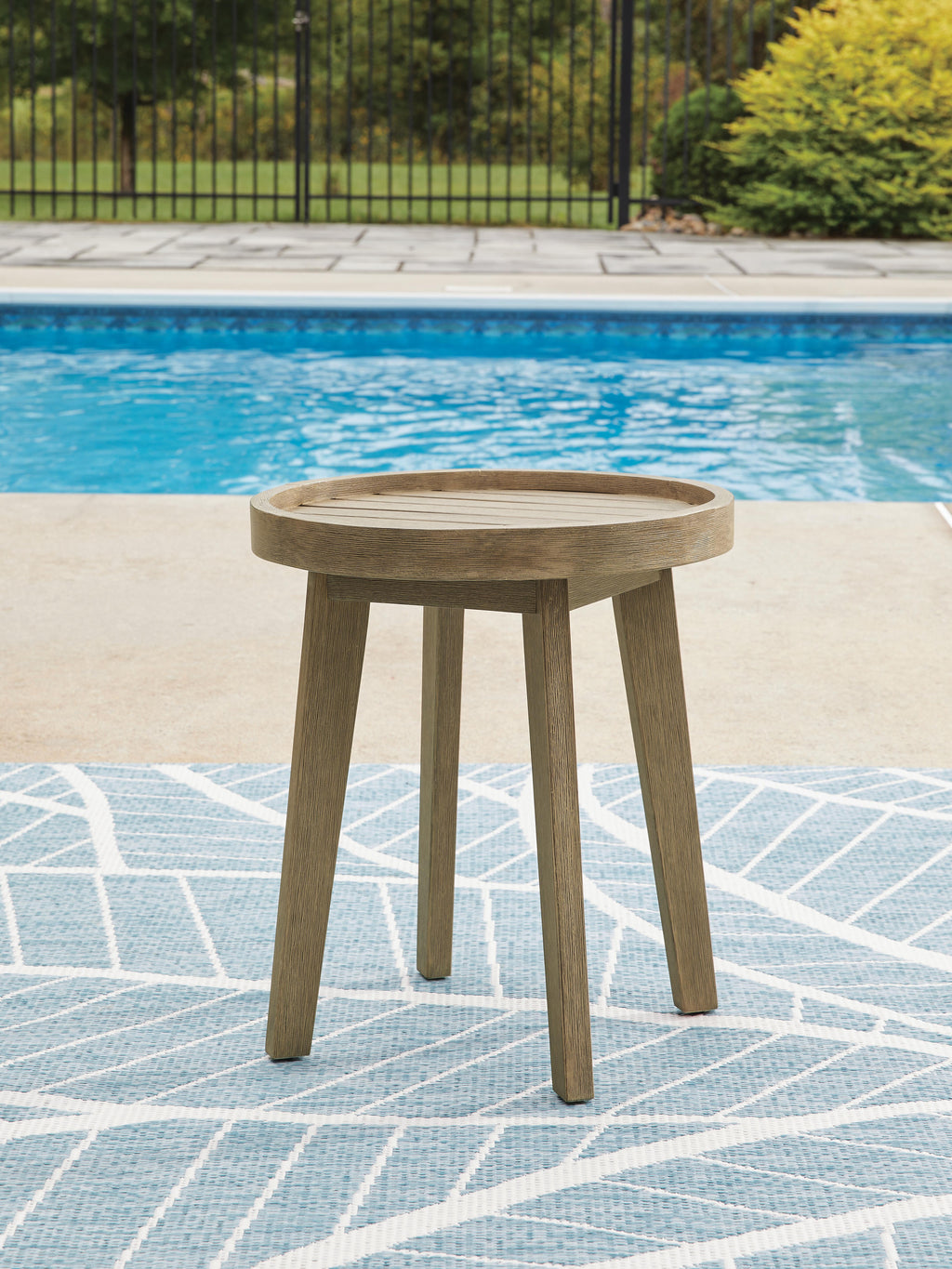 Marina Sun Outdoor End Table in Beige, lifestyle view