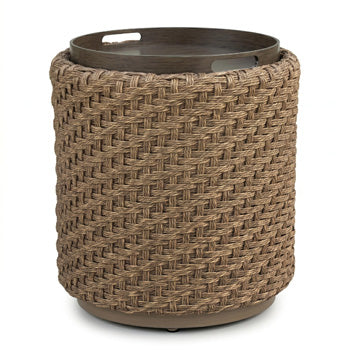 Alabaster Outdoor End Table in Beige, angle view