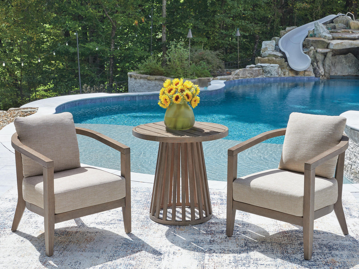 Joy Lagoon Outdoor Chairs with Cushions/Table (Set of 3) in Beige, lifestyle view