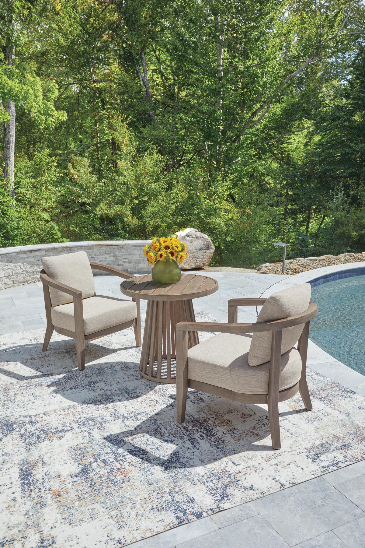 Joy Lagoon Outdoor Chairs with Cushions/Table (Set of 3) in Beige, lifestyle view