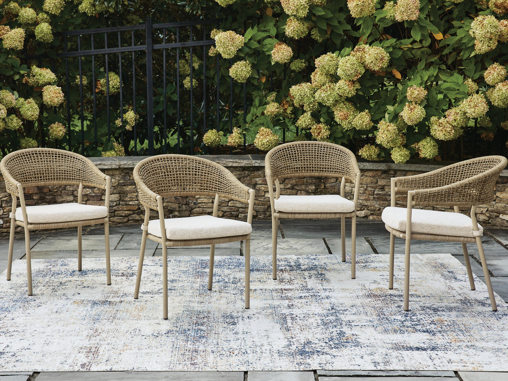 Orchard Beach Outdoor Arm Chair with Cushion (Set of 4) in Beige, lifestyle view