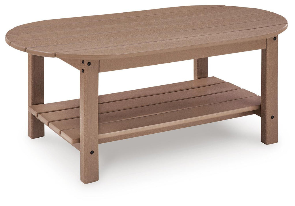 Grover Beach Outdoor Coffee Table in Driftwood, angle view