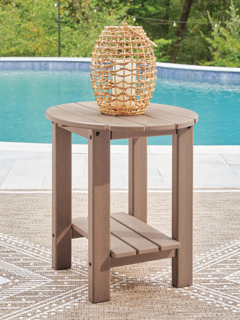 Grover Beach Outdoor End Table in Driftwood, lifestyle view