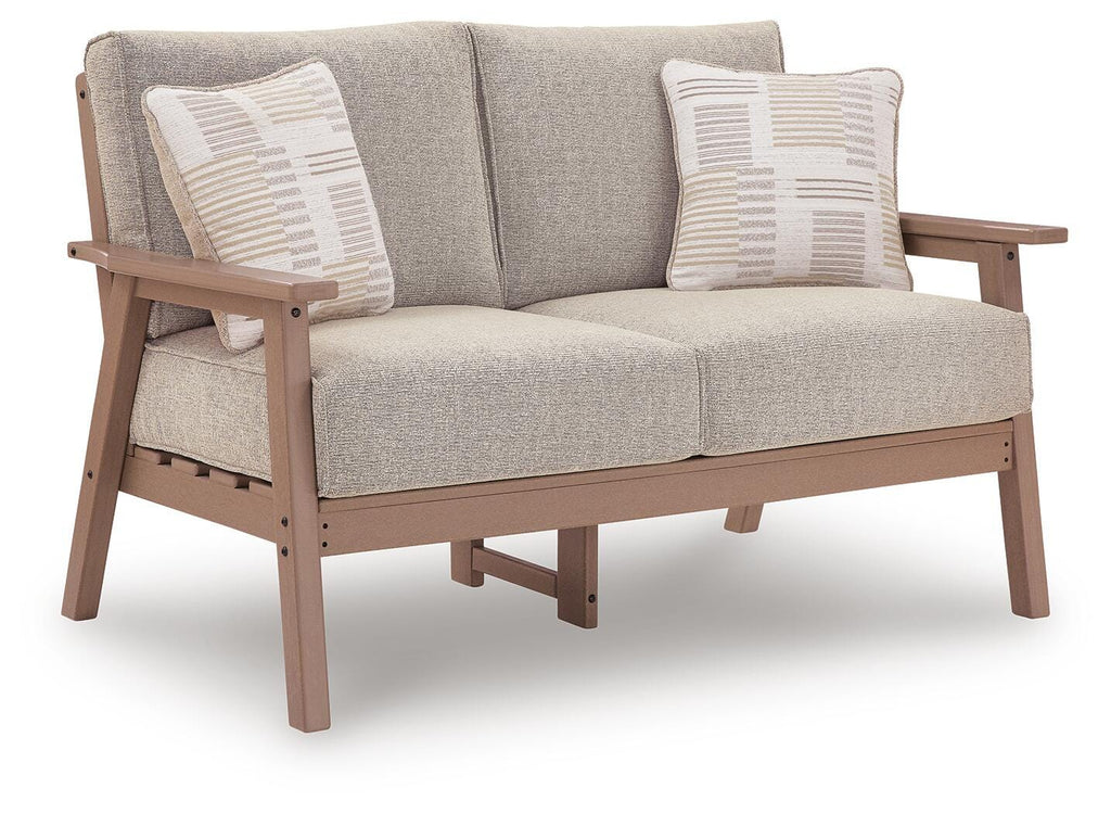 Grover Beach Outdoor Loveseat with Cushion in Driftwood, angle view