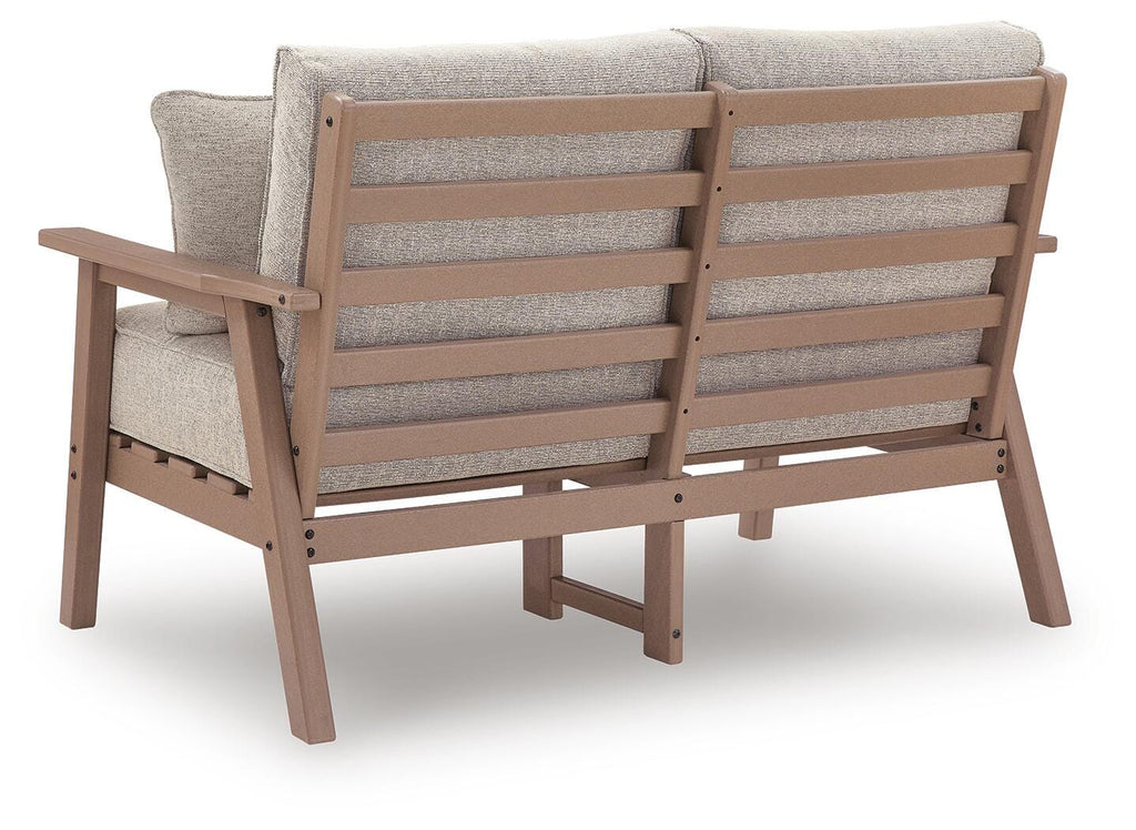 Grover Beach Outdoor Loveseat with Cushion in Driftwood, back view