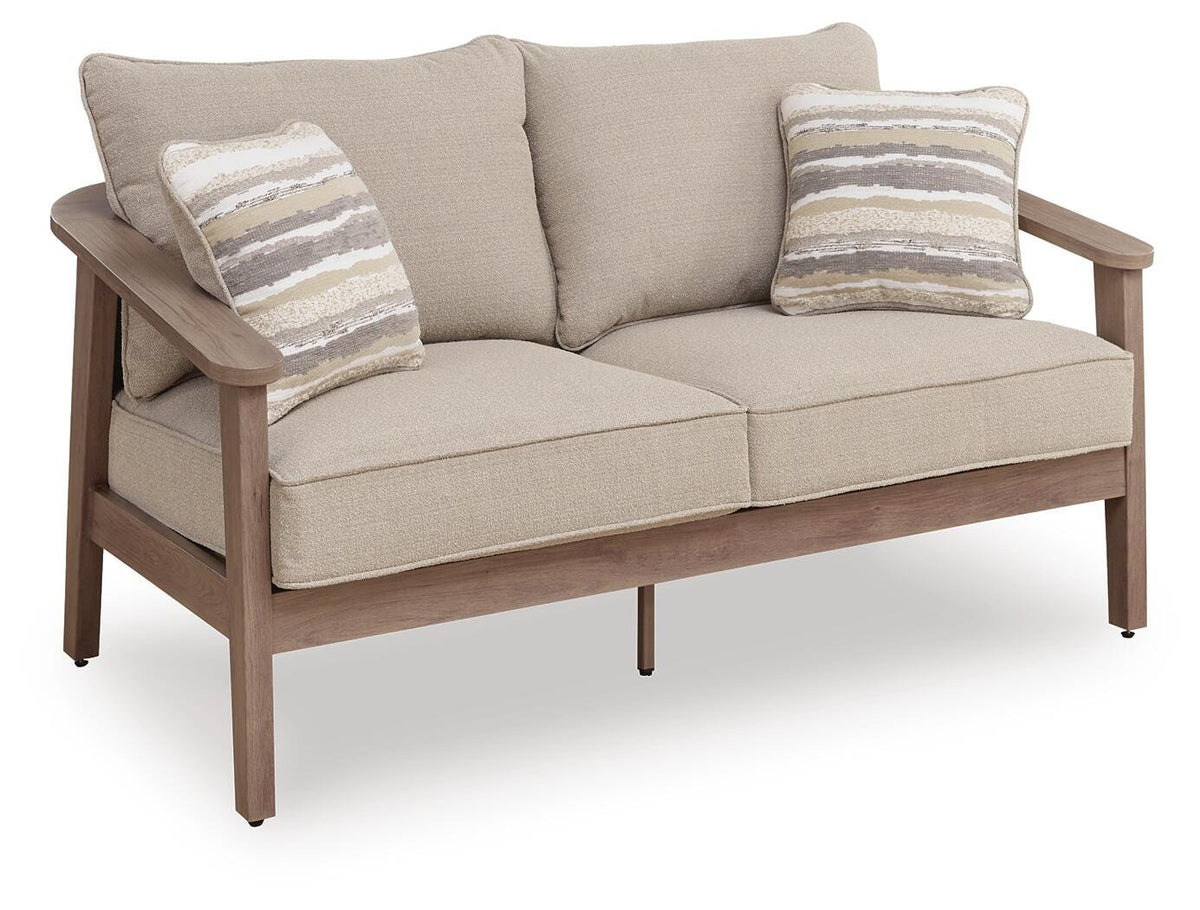 Harmony Headlands Outdoor Loveseat with Cushion in Natural/Gray, angle view