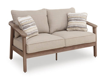 Harmony Headlands Outdoor Loveseat with Cushion in Natural/Gray, angle view