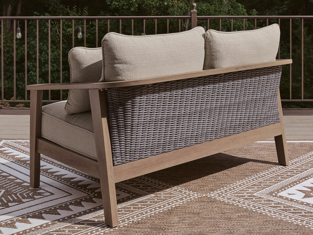 Harmony Headlands Outdoor Loveseat with Cushion in Natural/Gray, back view