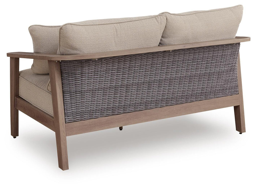 Harmony Headlands Outdoor Loveseat with Cushion in Natural/Gray, back view