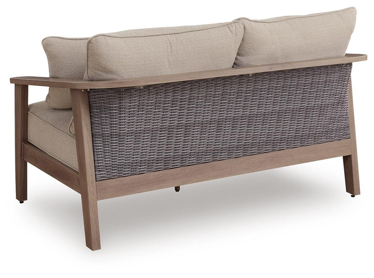 Harmony Headlands Outdoor Loveseat with Cushion in Natural/Gray, back view