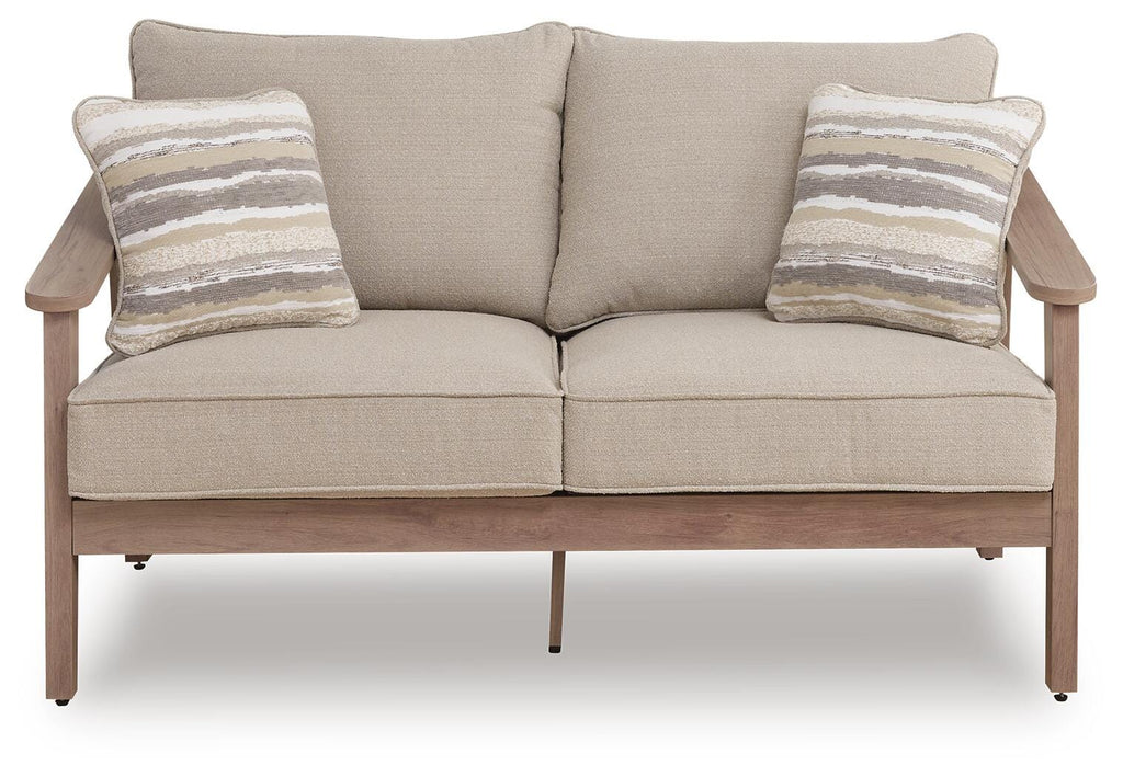 Harmony Headlands Outdoor Loveseat with Cushion in Natural/Gray, front view