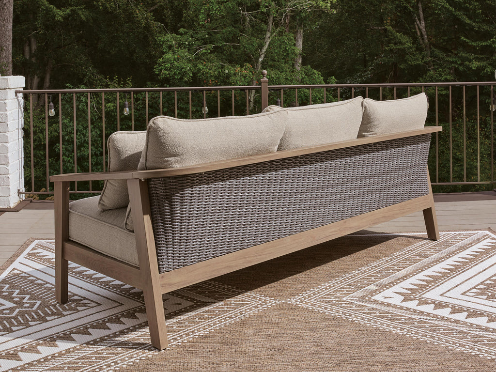 Harmony Headlands Outdoor Sofa with Cushion in Natural/Gray, back view