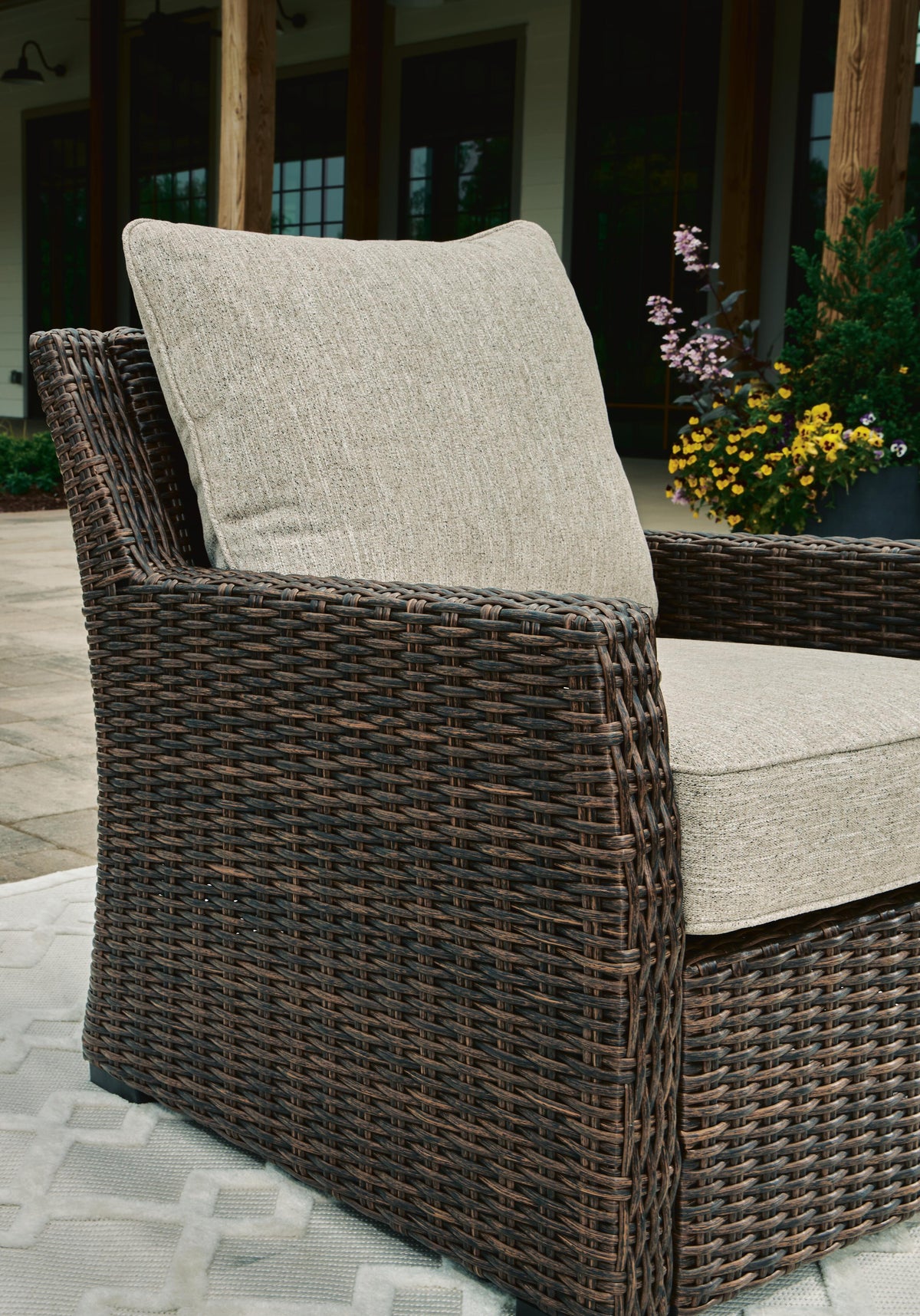 Brook Ranch Outdoor Lounge Chair with Cushion in Brown, detail view