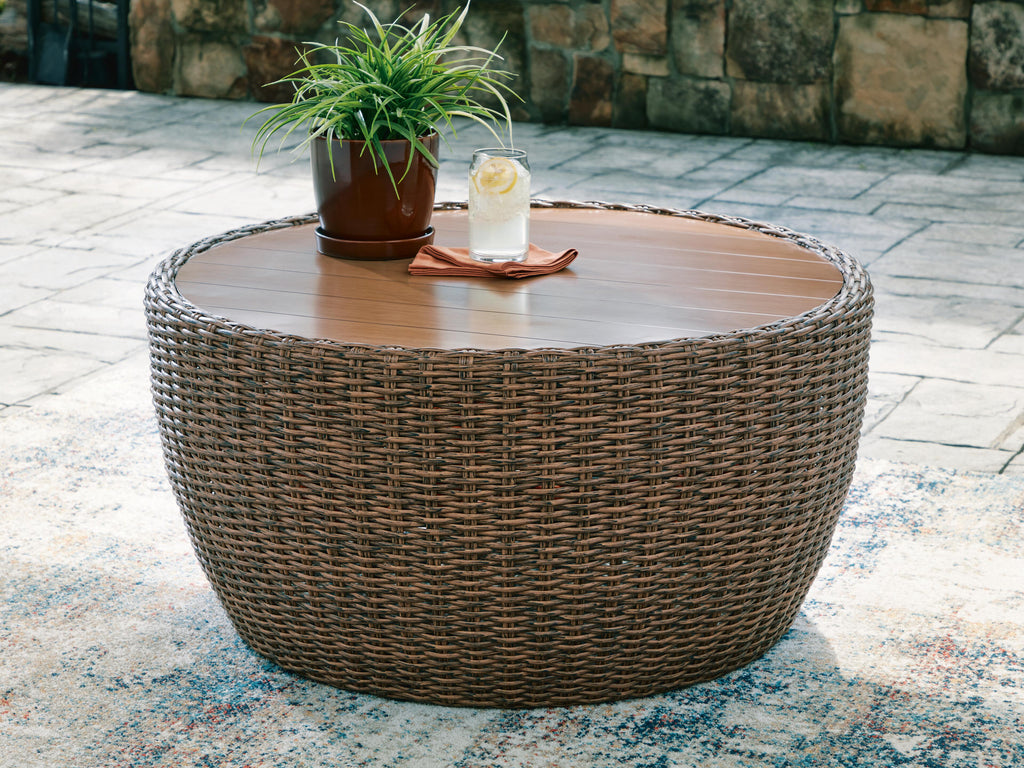 Double Point Outdoor Coffee Table in Beige, lifestyle view