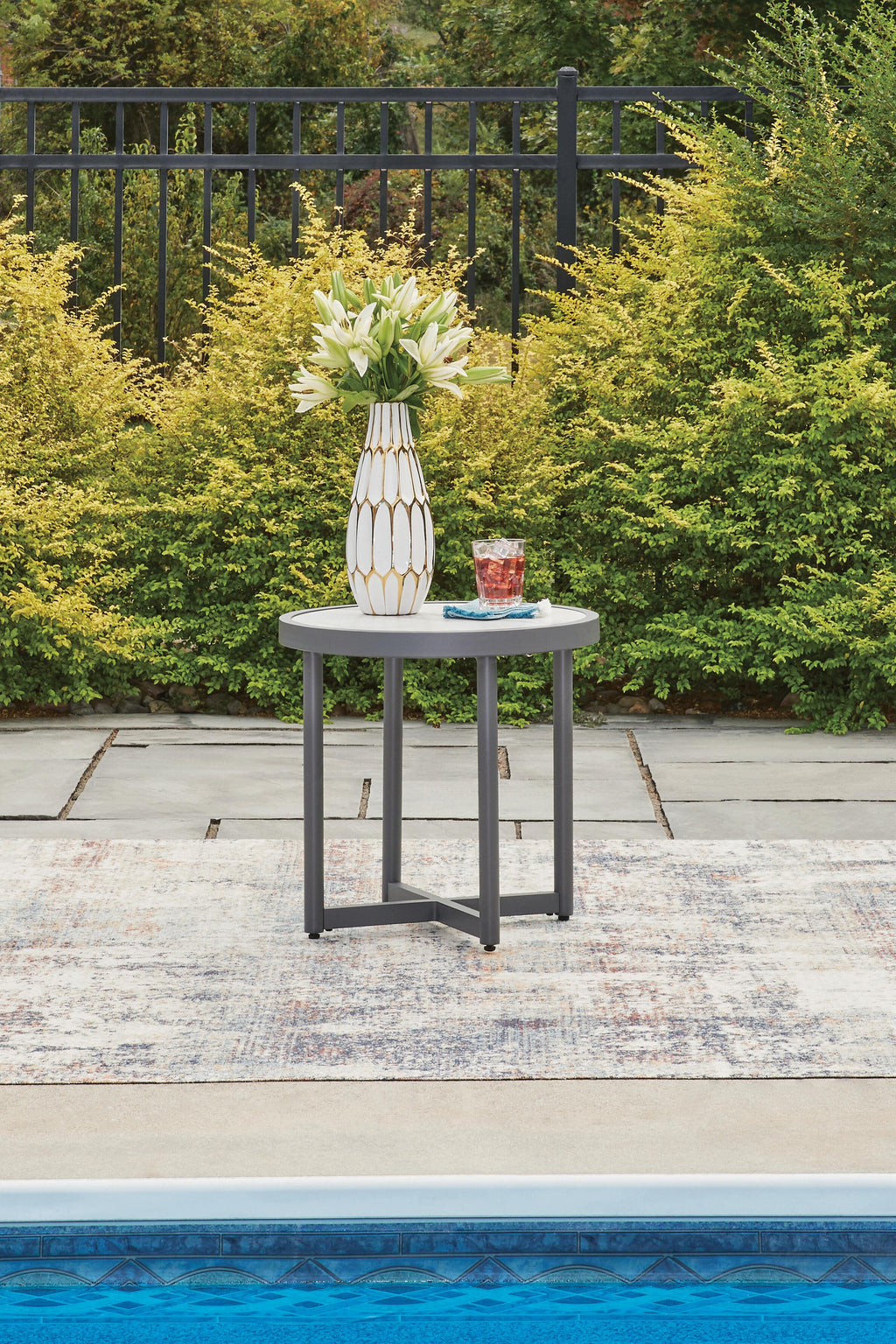 Ocean Beach Outdoor End Table in Gray, lifestyle view