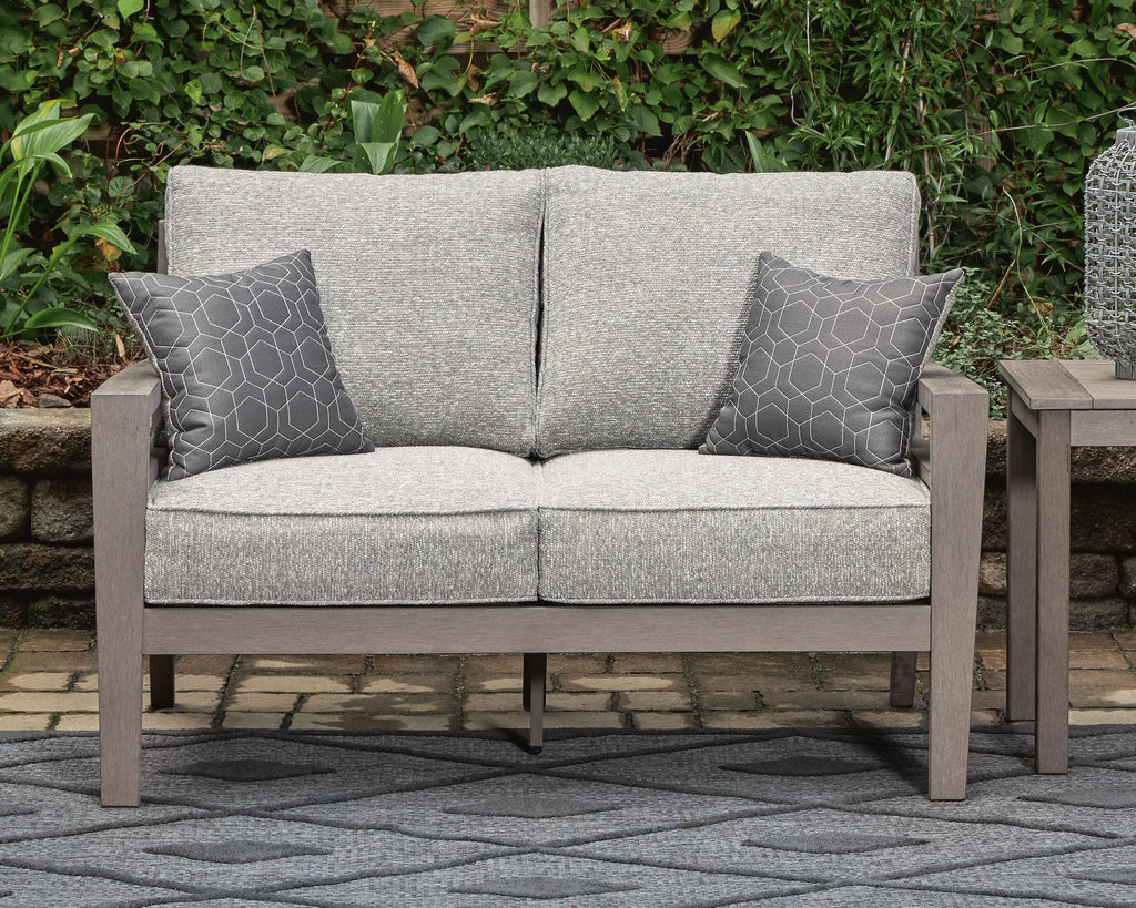 Hillside Barn Outdoor Loveseat with Cushion in Gray/Brown, lifestyle view