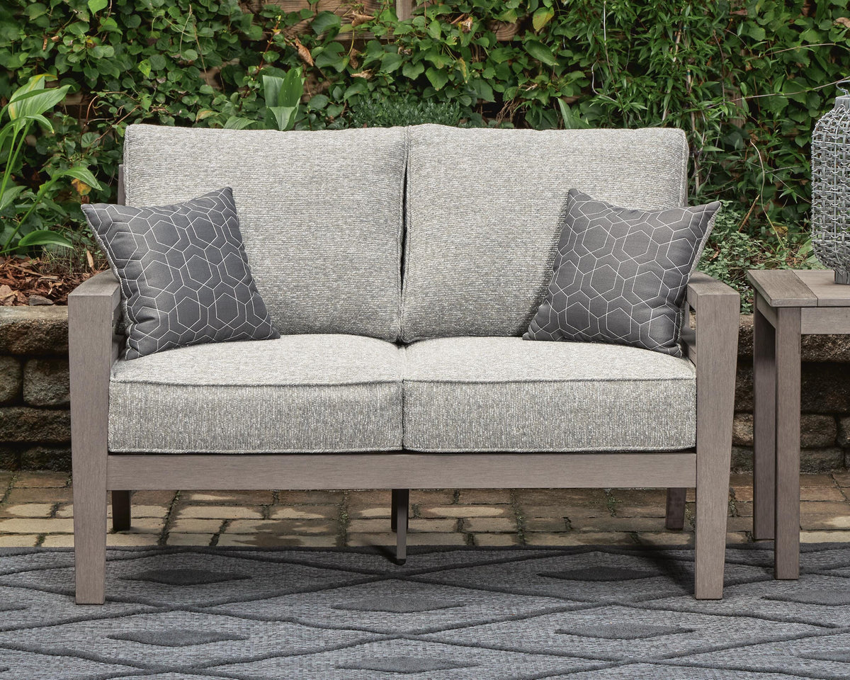 Hillside Barn Outdoor Loveseat with Cushion in Gray/Brown, lifestyle view