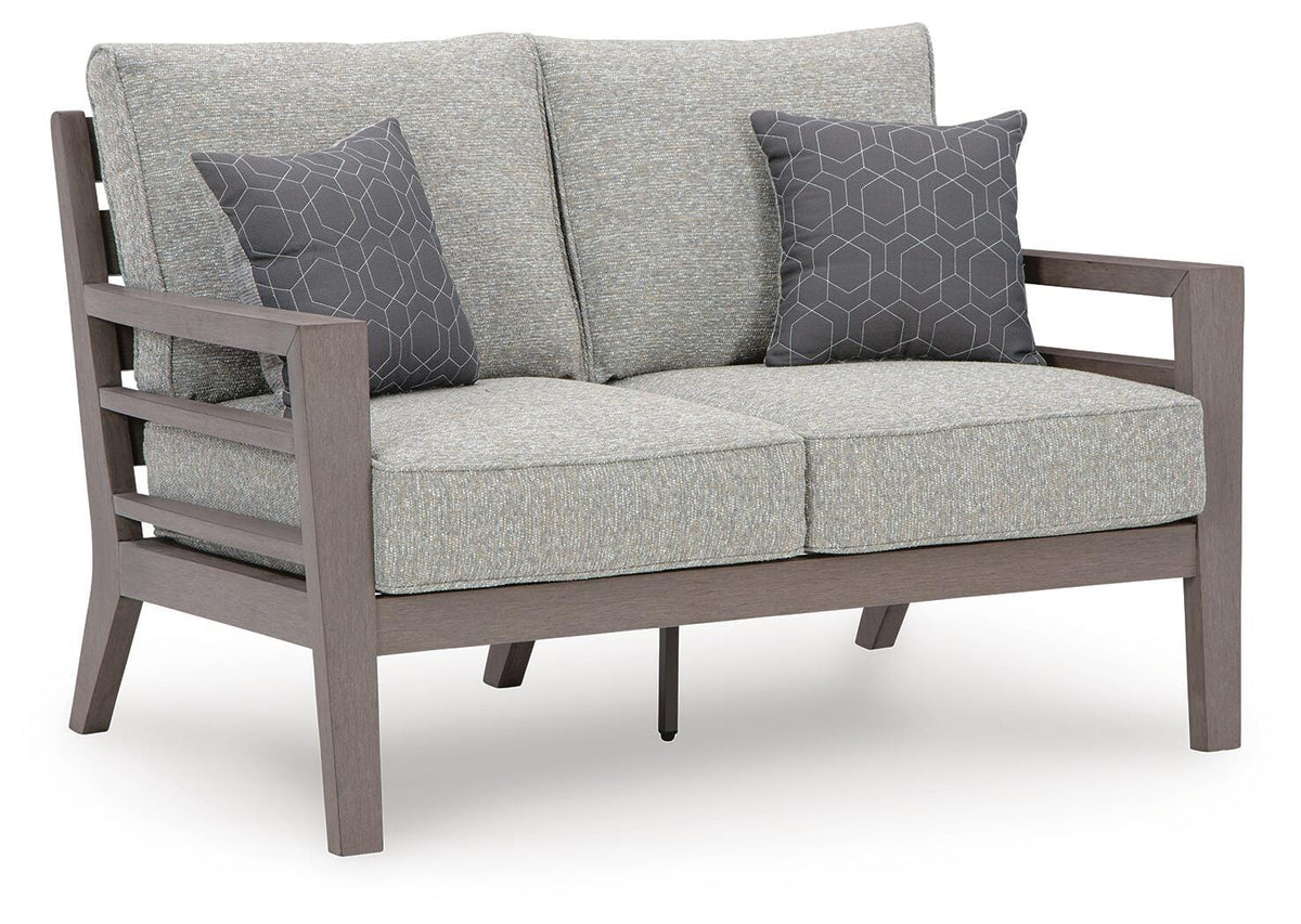 Hillside Barn Outdoor Loveseat with Cushion in Gray/Brown, angle view