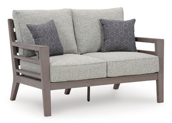 Hillside Barn Outdoor Loveseat with Cushion in Gray/Brown, angle view
