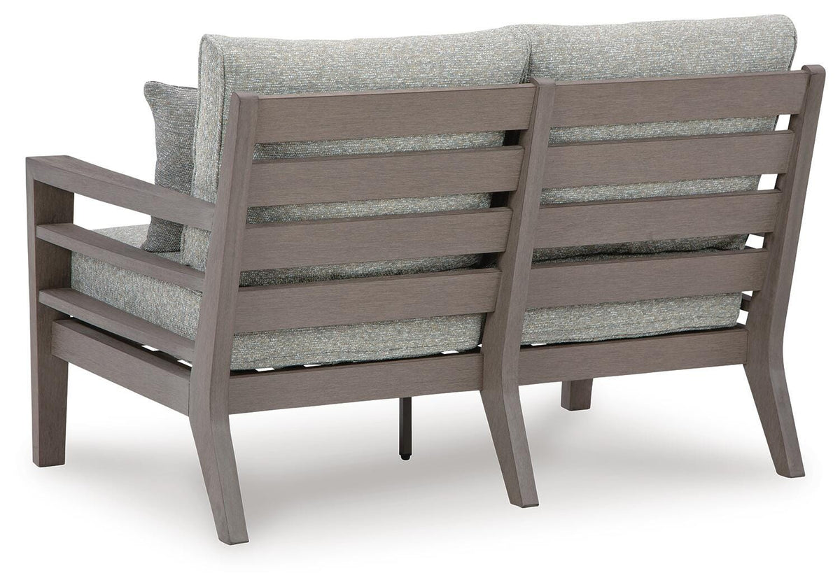Hillside Barn Outdoor Loveseat with Cushion in Gray/Brown, back view
