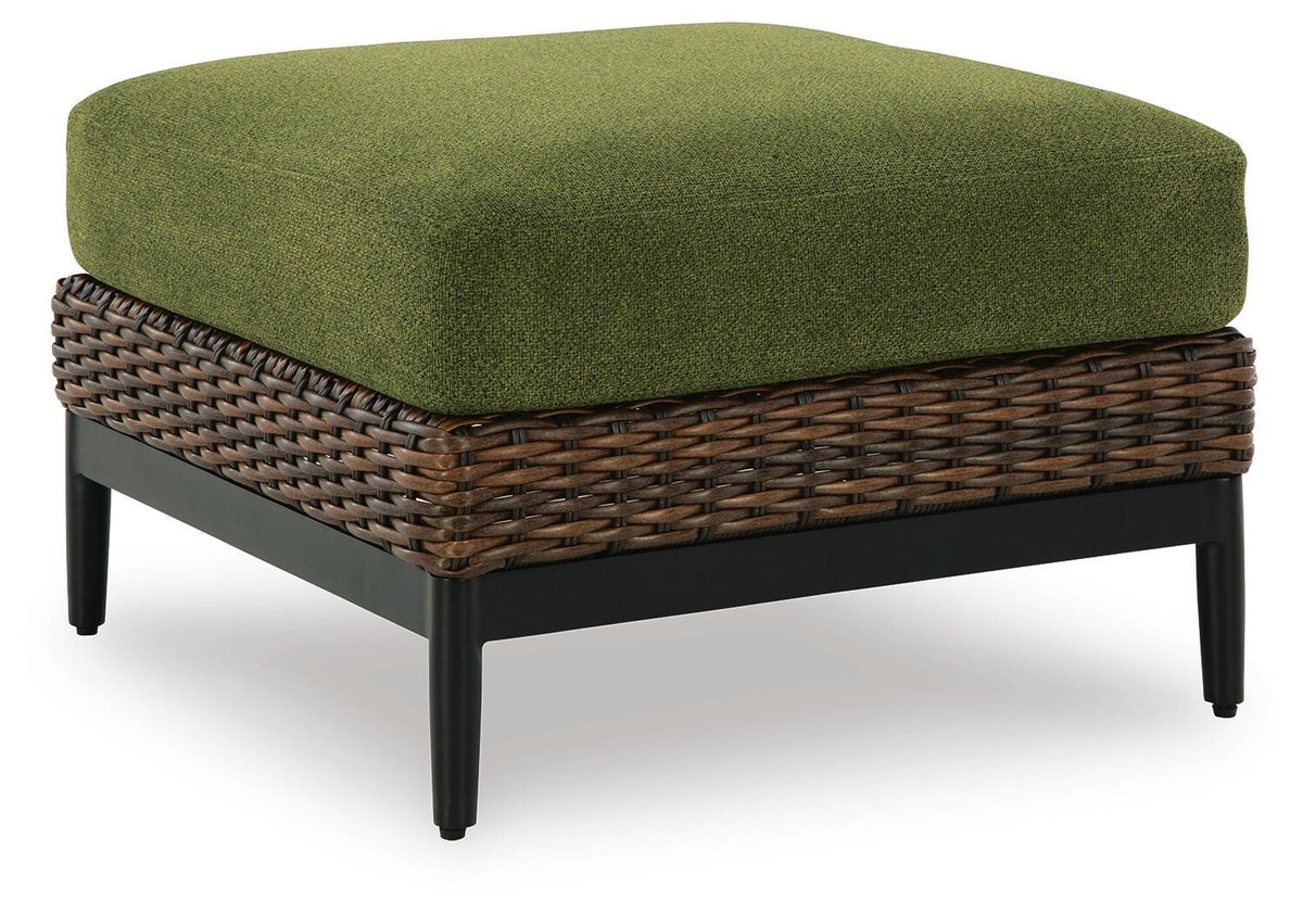 Horizon Hall Outdoor Ottoman with Cushion in Brown/Green, angle view